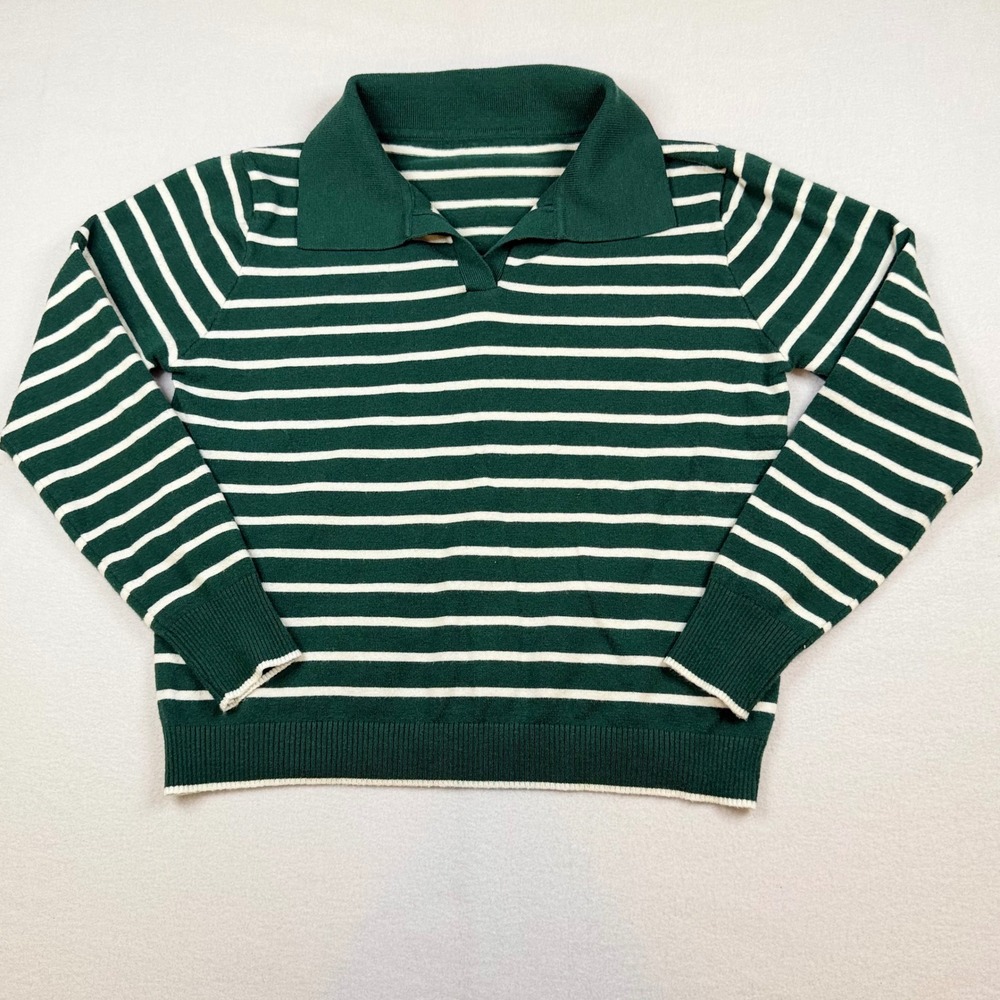 Dazy Green White Striped Polo Collar Knit Sweater Long Sleeve XL